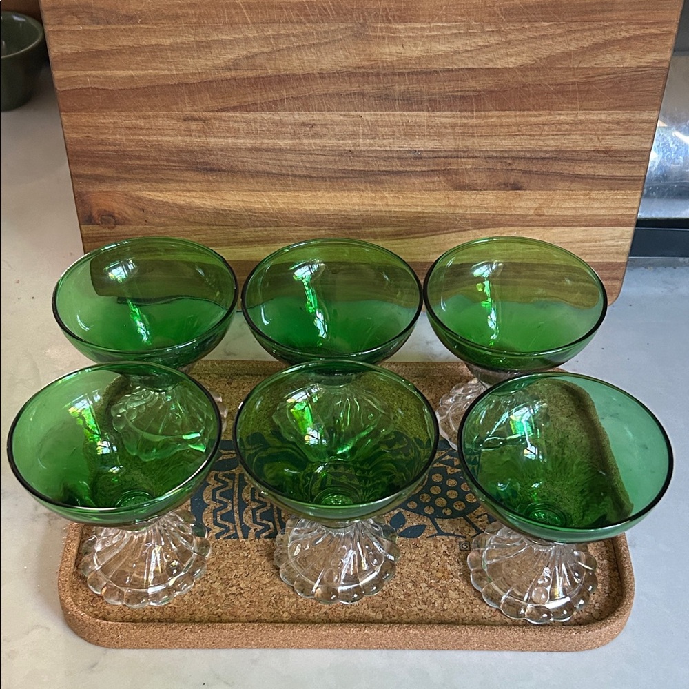 Vintage Anchor Hocking Burpee Inspiration emerald green sherbert/ coupe set of 6
